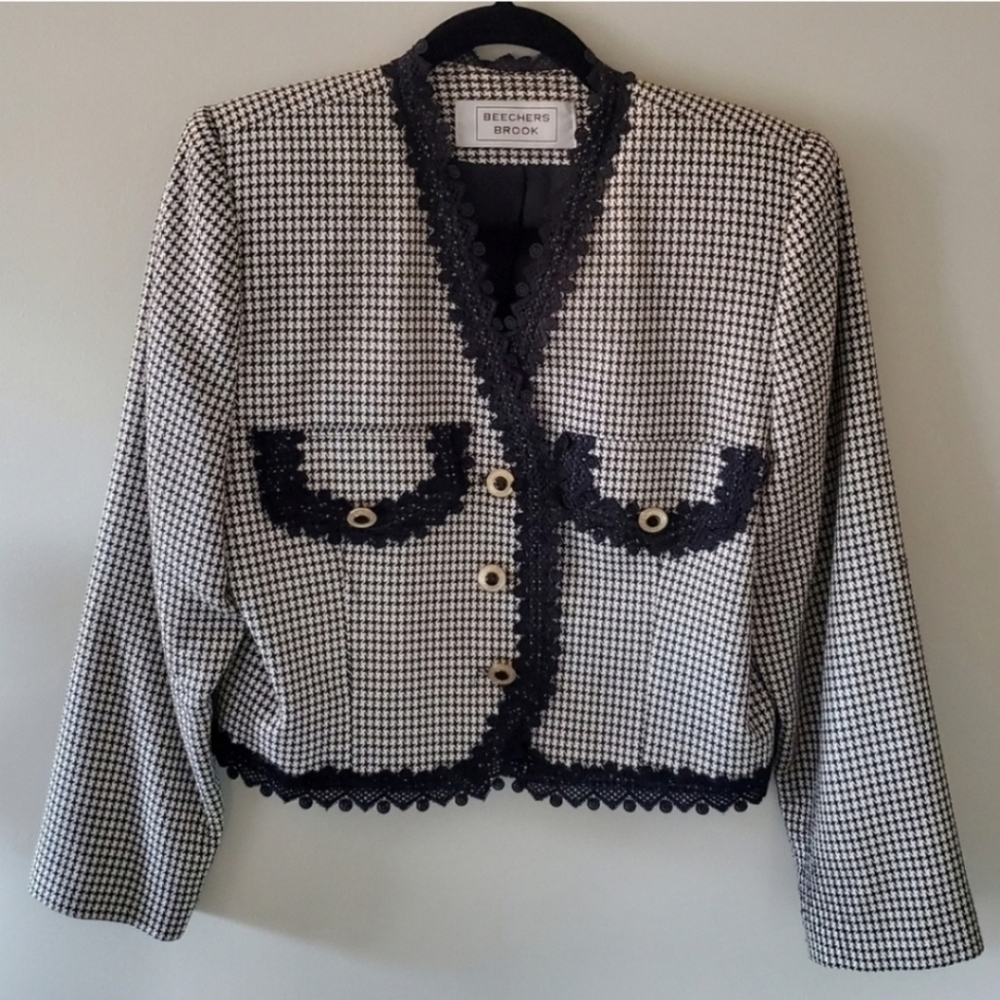 Beechers Brook M Vintage Old Money Timeless Classic Houndstooth Lace Crop Blazer - Picture 2 of 11